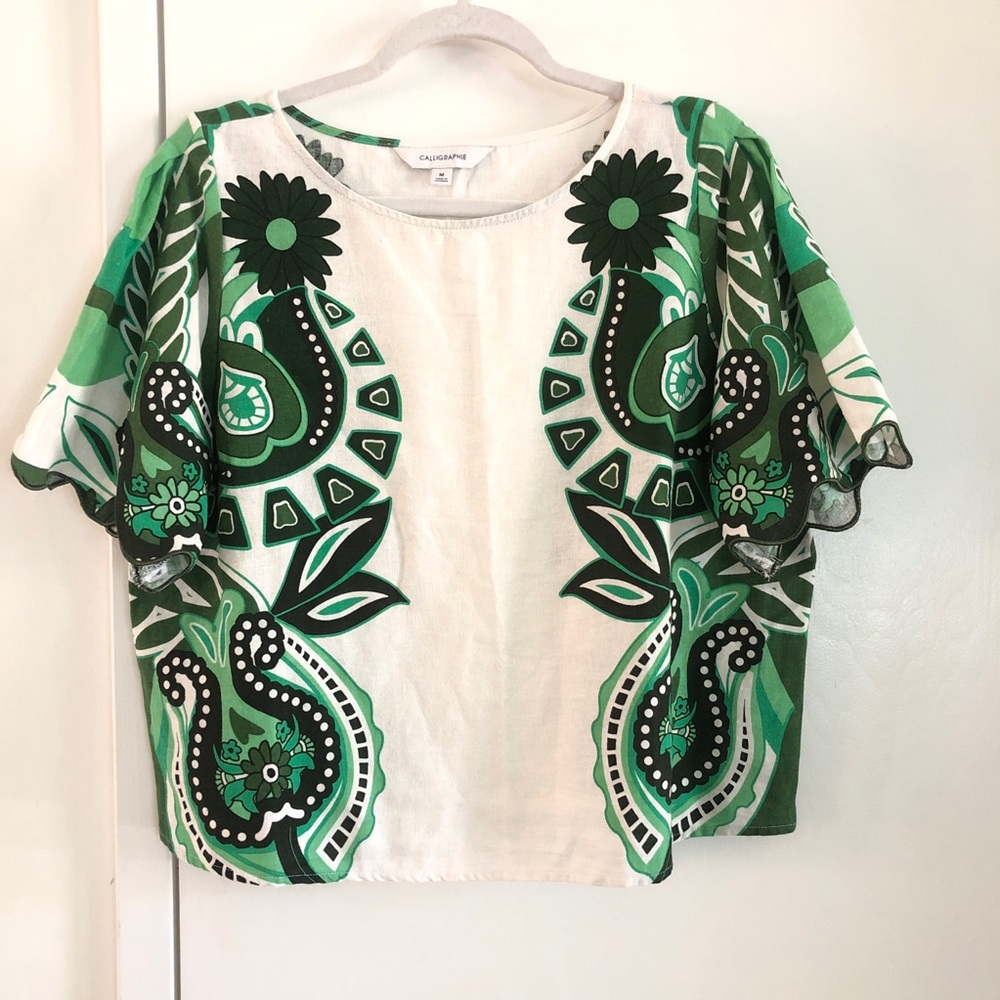 Calligraphie Linen Blend Top Women’s medium Sleeve Green Farm Rio Style